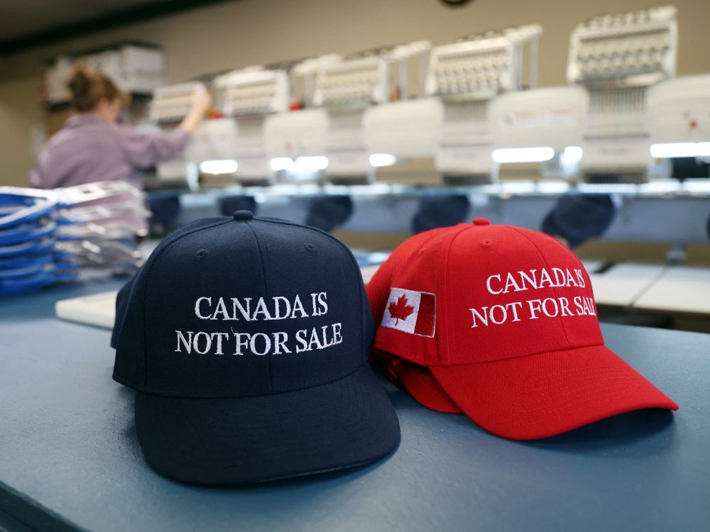 "Canada is Not For Sale" hats are pictured at The Sam Group January 16, 2025 in Ottawa, Canada.