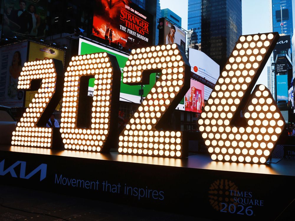 The New Year's Eve ball drop numerals for 2026 are displayed in Times Square on December 18, 2025 in New York City.
