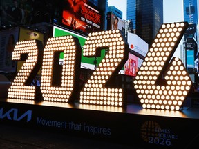 The New Year's Eve ball drop numerals for 2026 are displayed in Times Square on December 18, 2025 in New York City.