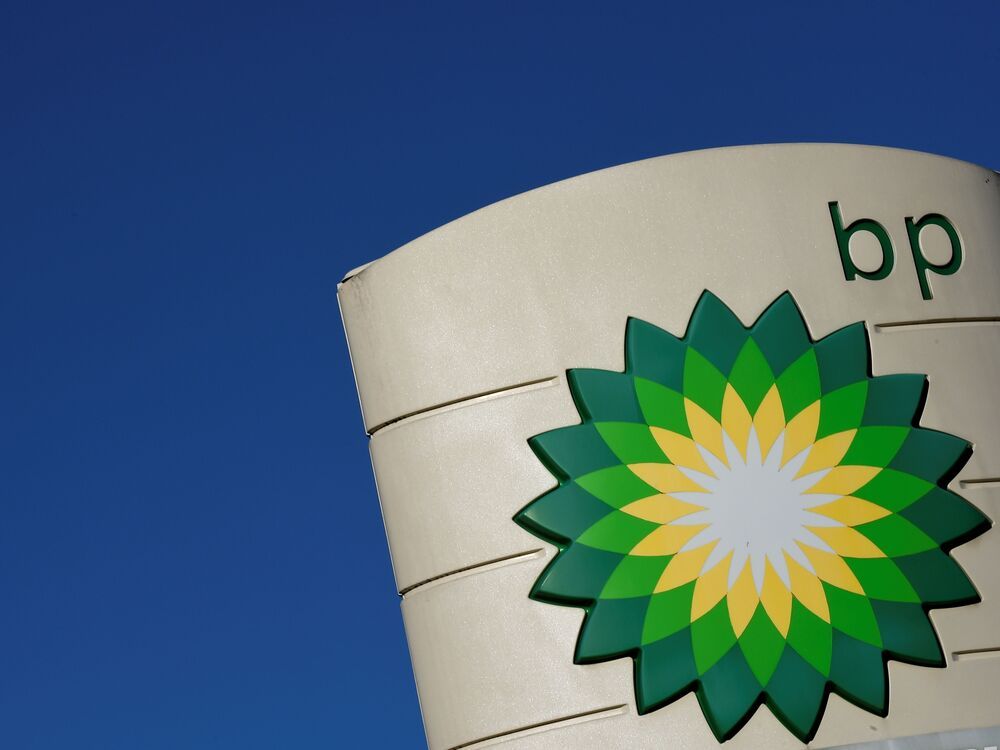 The logo of BP plc is seen at a BP petrol station in Liverpool, north west England.