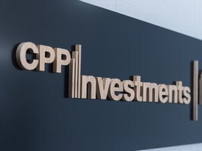 CPP Investments signage during an interview for an episode of Bloomberg Wealth with David Rubinstein in New York, U.S., on July 10, 2024.