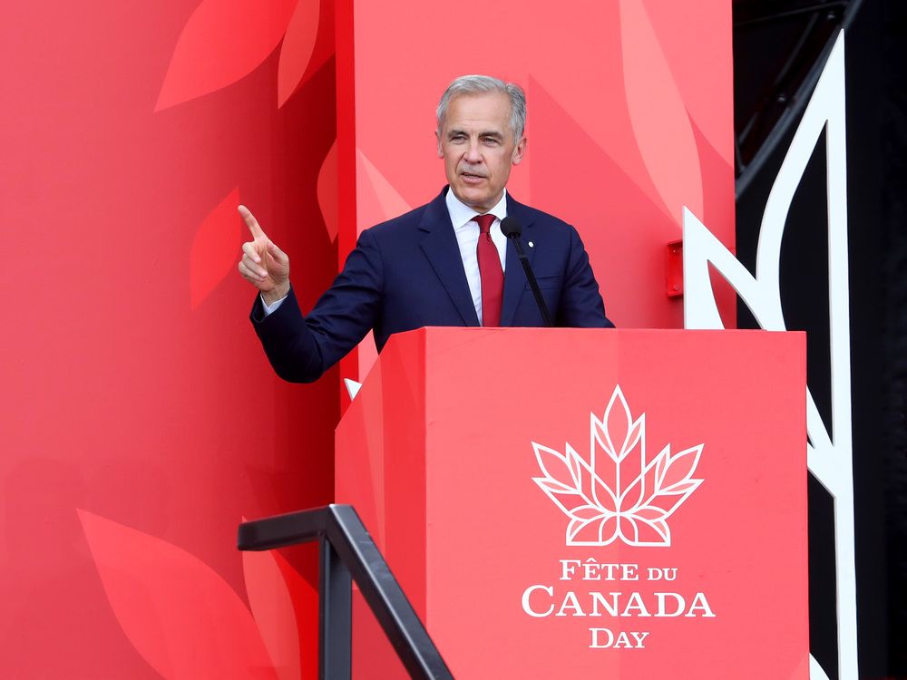 Mark Carney addresses the crowd during the Canada Day festivities in Ottawa in the nation’s capital on July 01, 2025.