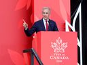 Mark Carney addresses the crowd during the Canada Day festivities in Ottawa in the nation’s capital on July 01, 2025.