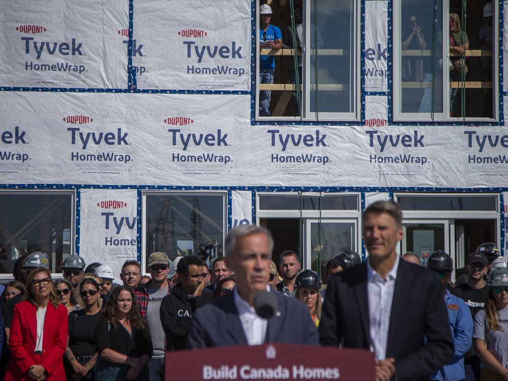 Prime Minister Mark Carney launched Build Canada Homes at a media conference backed by modular homes on Sunday, Sept. 14, 2025.