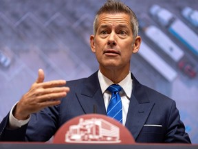 Transportation Secretary Sean Duffy speaks during a news conference at the Department of Transportation in Washington, Friday, Dec. 12, 2025.