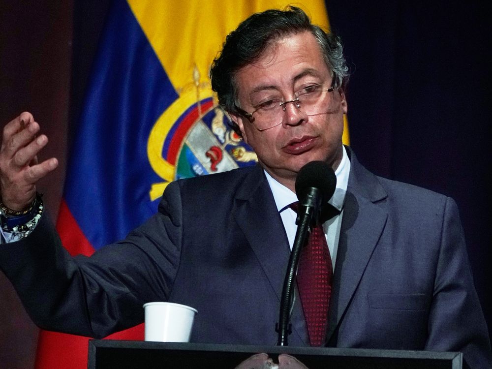 Colombia's President Gustavo Petro speaks at a ceremony marking the ninth anniversary of the signing of a peace deal between the state and the Revolutionary Armed Forces of Colombia (FARC), in Bogota, Colombia, Wednesday, Nov. 26, 2025.