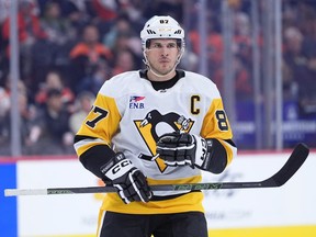 Pittsburgh Penguins' Sidney Crosby plays during an NHL hockey game Monday, Dec. 1, 2025, in Philadelphia.