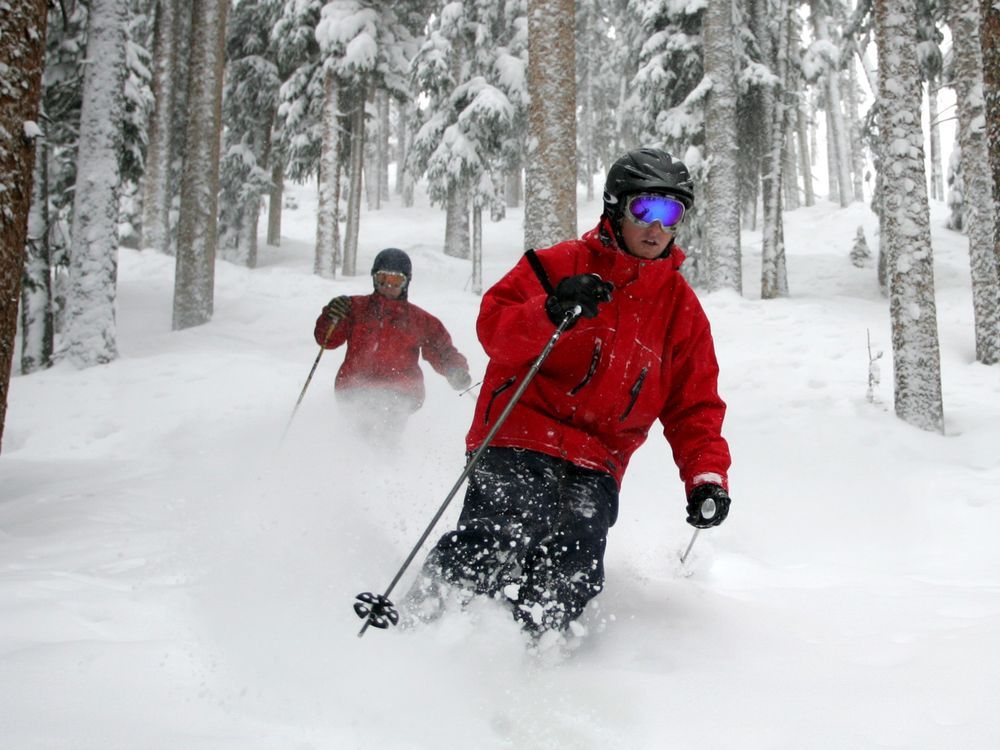 FILE - People ski between the trees in the deep powder at Telluride Ski Resort, March 10, 2006.