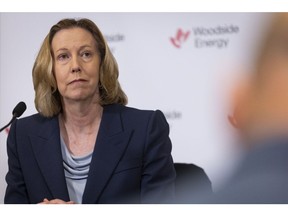 Meg O'Neill, chief executive officer of Woodside Energy Group Ltd., attends a news conference following the company's annual general meeting in Perth, Australia on Thursday, May 8, 2025. Last week, Woodside Energy made a final investment decision on a $17.5 billion liquefied natural gas export project in the US, cementing the Australian companys position as a top supplier of the super-chilled fuel.