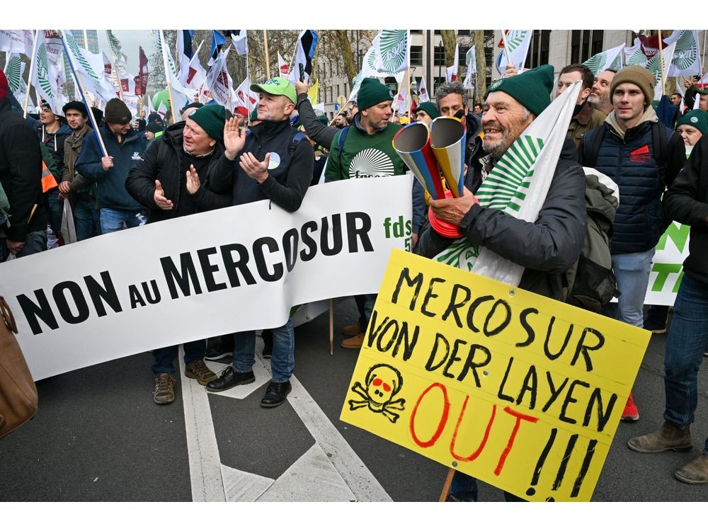 Farmers protest the Mercosur deal in Brussels on  Dec. 18.