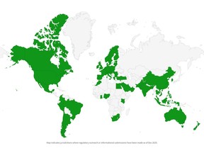 Map indicates jurisdictions where regulatory outreach or informational submissions have been made as of Dec 2025.