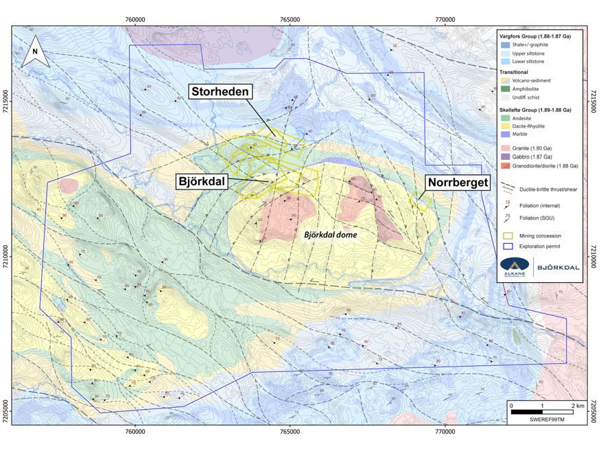 Regional geological map showing the locations of exploration focus and the contiguous tenements around the Björkdal dome.