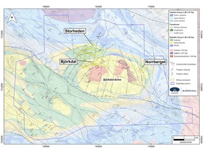 Regional geological map showing the locations of exploration focus and the contiguous tenements around the Björkdal dome.