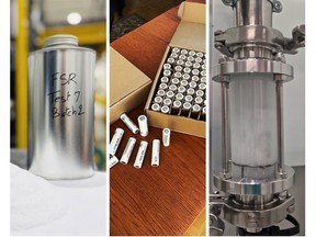 (Left) Fumed Silica samples from test batch 7, (Middle) HPQ Endura+ batteries at HPQ office in Montreal, (Right) Metagene Hydrogen technology system in operation