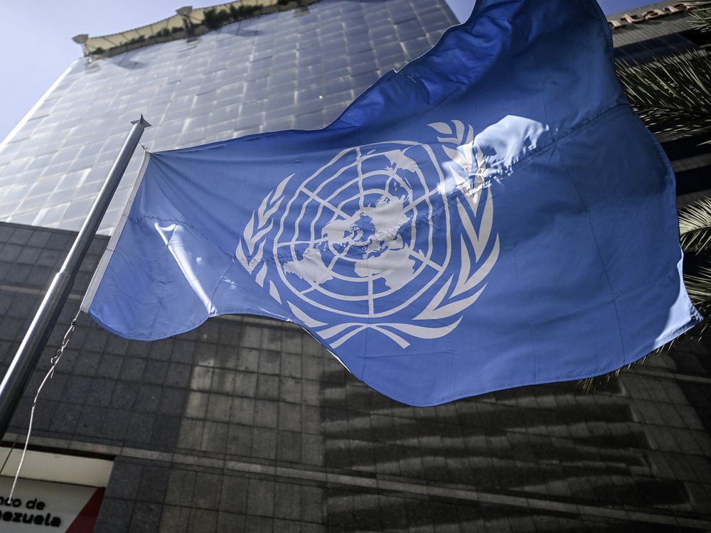 The United Nations flag in front of its office building in Caracas, Venezuela.