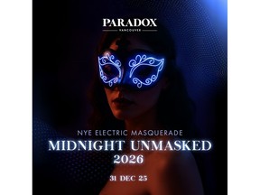 Paradox Vancouver is transforming the Grand Ballroom into an Electric Masquerade to ring in the New Year with a high-energy experience featuring a grand charcuterie spread, LED wristbands, immersive visuals including a giant LED mask installation, and the option to elevate your night with personal LED mask add-ons.