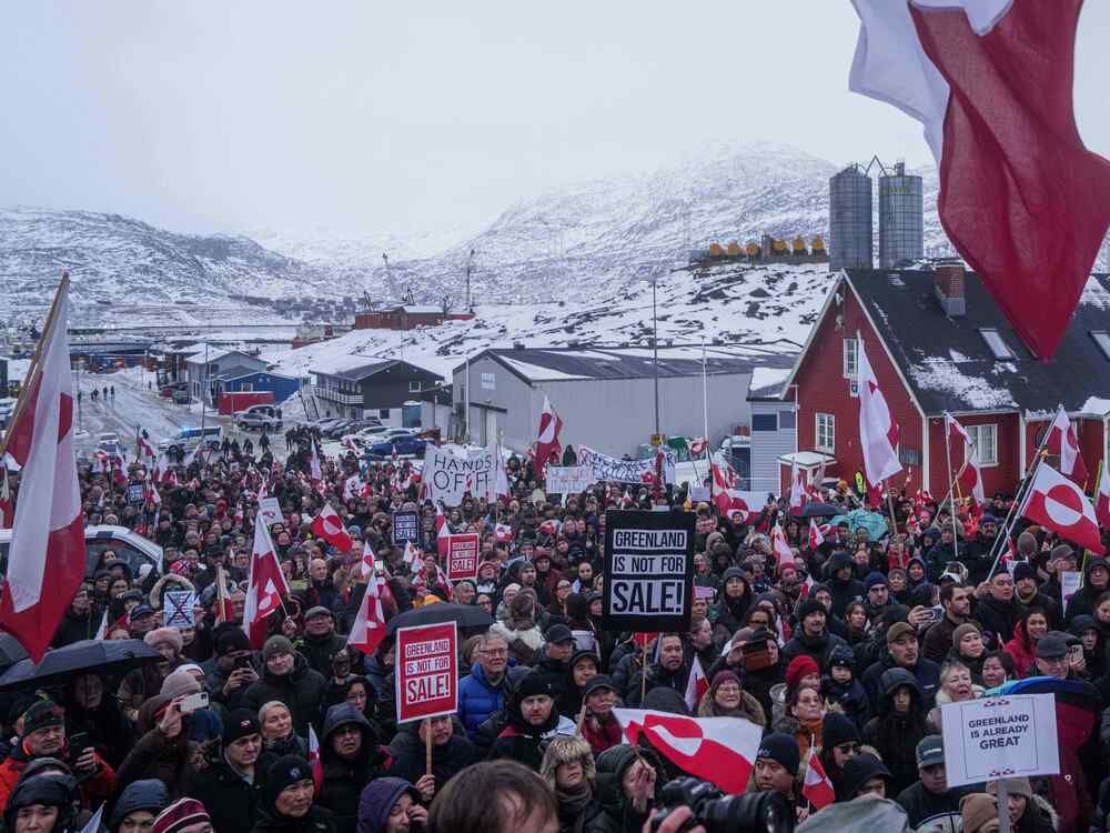 People protest against Trump's policy towards Greenland in front of the U.S. consulate in Nuuk, Greenland on Jan. 17, 2026.