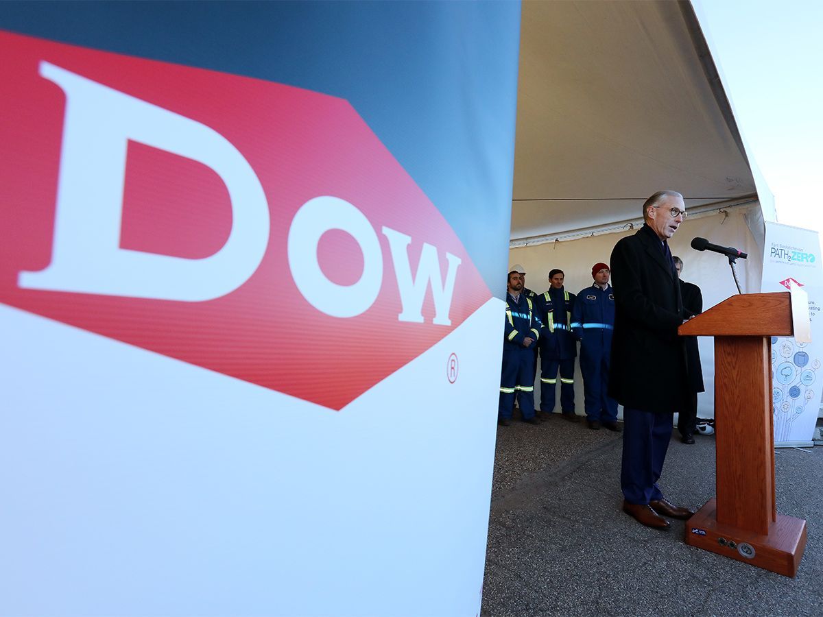 Dow chair and CEO Jim Fitterling announces the $8.8-billion DOW Path2Zero Fort Saskatchewan project on Wednesday, Nov. 29, 2023.