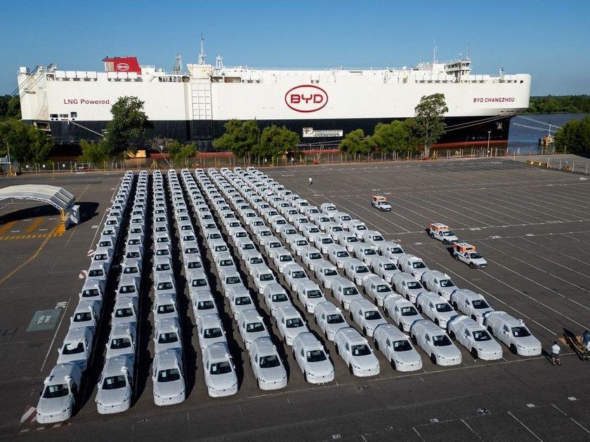 Aerial view of new cars unloaded from the ship BYD Changzhou at the Zarate Port on the Parana River in Zarate, Argentina, on Jan. 19.