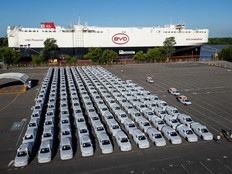 Aerial view of new cars unloaded from the ship BYD Changzhou at the Zarate Port on the Parana River in Zarate, Argentina, on Jan. 19.