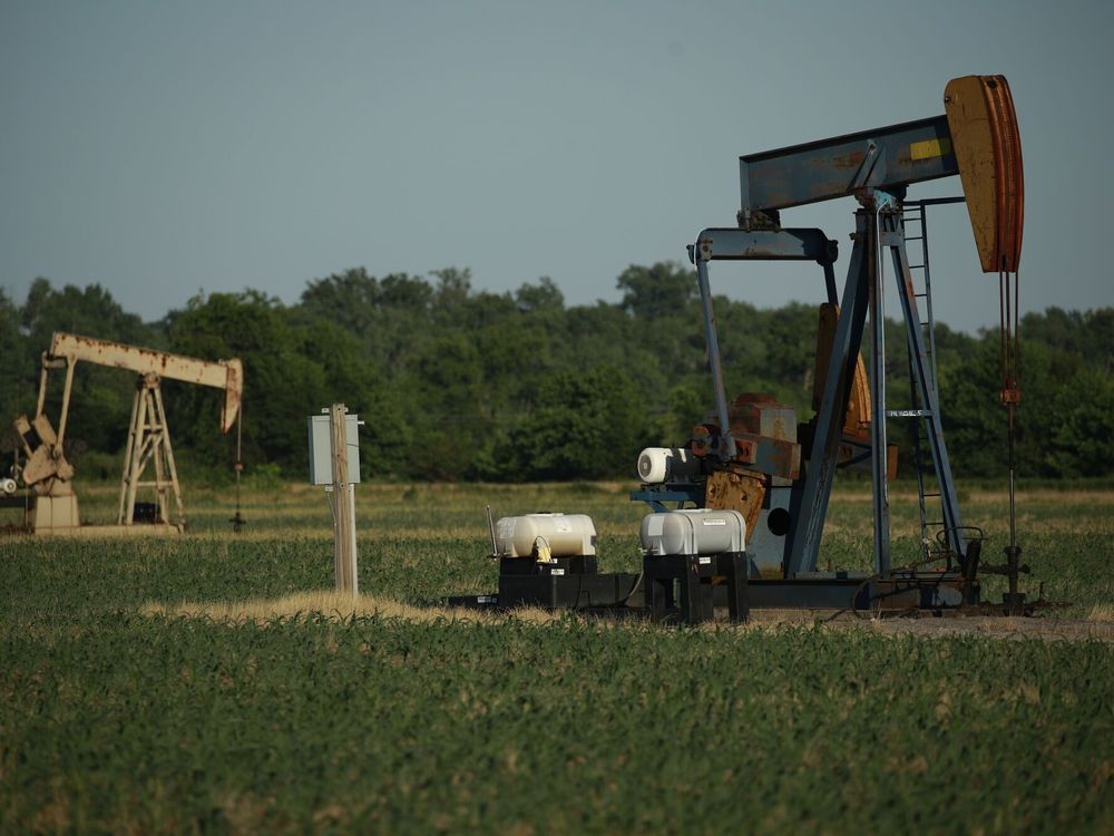 Oil pump jacks at the New Harmony Oil Field in Grayville, Illinois.