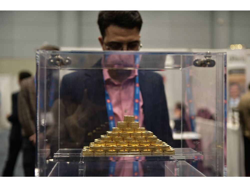 Gold coins at the Prospectors & Developers Association of Canada (PDAC) conference in Toronto.