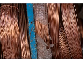 Copper wires at a wholesale metal market in Mumbai, India.