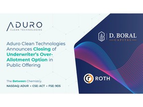 Aduro Clean Technologies Announces Closing of Underwriter's Over-Allotment Option in Public Offering