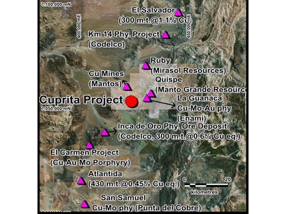 Location of Cuprita Project relative to copper deposits in the region.