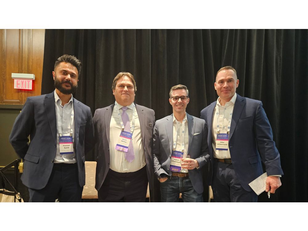 Milton Hydro staff from left, Hassan Syed, VP Distribution Services, Dave Belluz, Operations Manager, Adam Charlebois, Project Coordinator, & Session Host Mike Wittemund, VP Lines & Operations with Alectra