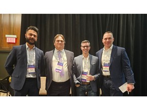 Milton Hydro staff from left, Hassan Syed, VP Distribution Services, Dave Belluz, Operations Manager, Adam Charlebois, Project Coordinator, & Session Host Mike Wittemund, VP Lines & Operations with Alectra