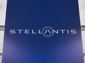 A picture shows the logo of auto giant Stellantis at the Stellantis Mirafiori plant in Turin.