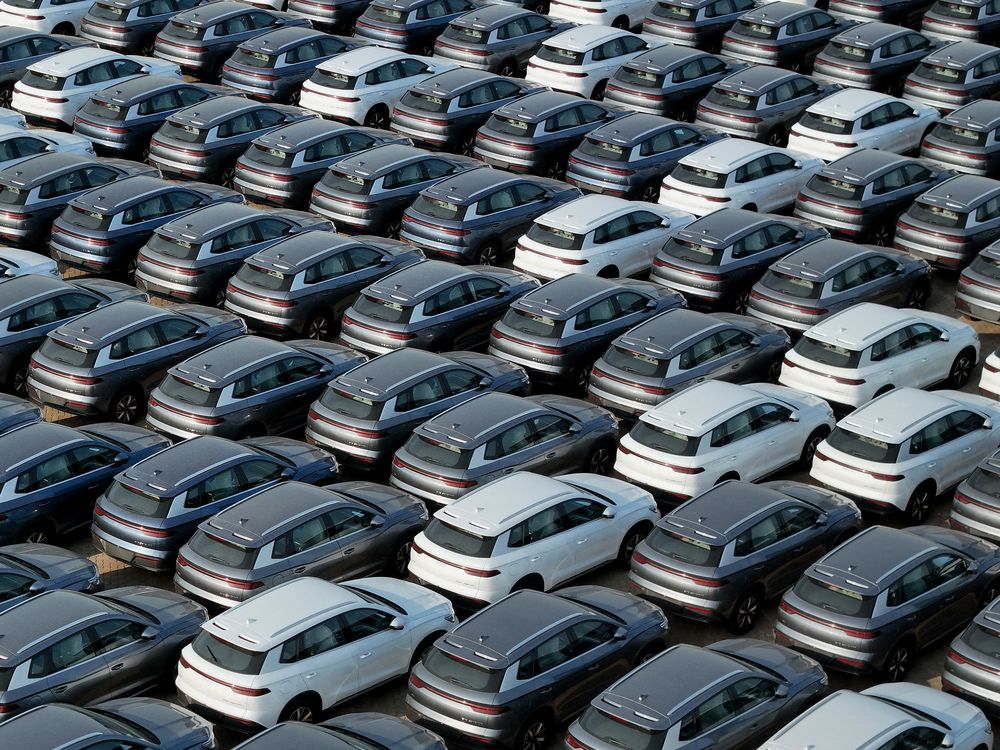 BYD electric cars for export waiting to be loaded onto a ship at a port in Yantai, in eastern China's Shandong province.