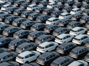 BYD electric cars for export waiting to be loaded onto a ship at a port in Yantai, in eastern China's Shandong province.