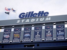 Championship banners hang at Gillette Stadium before an NFL football game in Foxborough, Mass