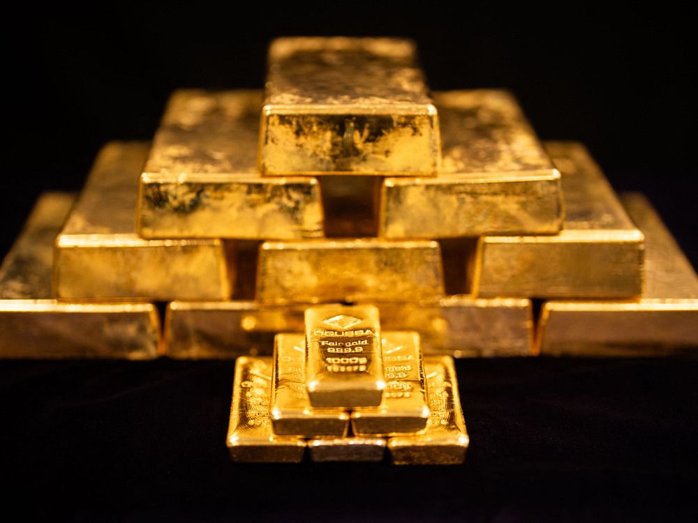 Gold bars of different sizes are displayed at the Austrian Gold and Silver Refinery (Oegussa) in Vienna, Austria