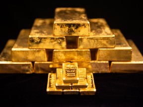 Gold bars of different sizes are displayed at the Austrian Gold and Silver Refinery (Oegussa) in Vienna, Austria