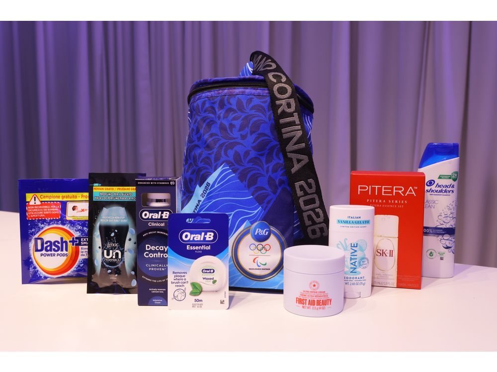 The P&G Athlete Welcome Kit featuring SK-II Heritage PITERA Essence Kit, First Aid Beauty Ultra Repair Cream, Native Italian Vanilla Gelato deodorant, Head & Shoulders Classic Clean shampoo, Oral-B toothpaste and dental floss, Dash and Lenor laundry detergent and scent beads.