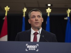 Alberta Minister of Finance Nate Horner takes media questions before delivering Budget 2026 at the Queen Elizabeth II building in Edmonton on Thursday, Feb. 26, 2026.