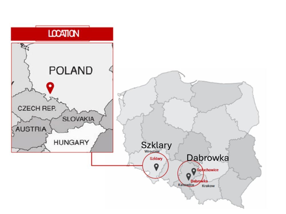 Map showing Szklary and Dabrowka projects in southern Poland