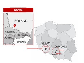 Map showing Szklary and Dabrowka projects in southern Poland