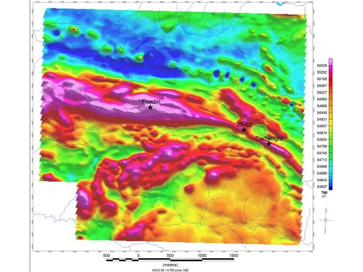 Map of the total magnetic field with the position of the Cartwright, 25-02 stripping and the Flordin deposit