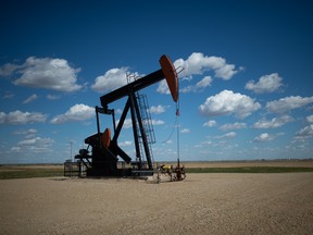 A pumpjack on a well belonging to Whitecap Resources Inc. near the company's Weyburn Unit Plant, south of Weyburn, Sask.