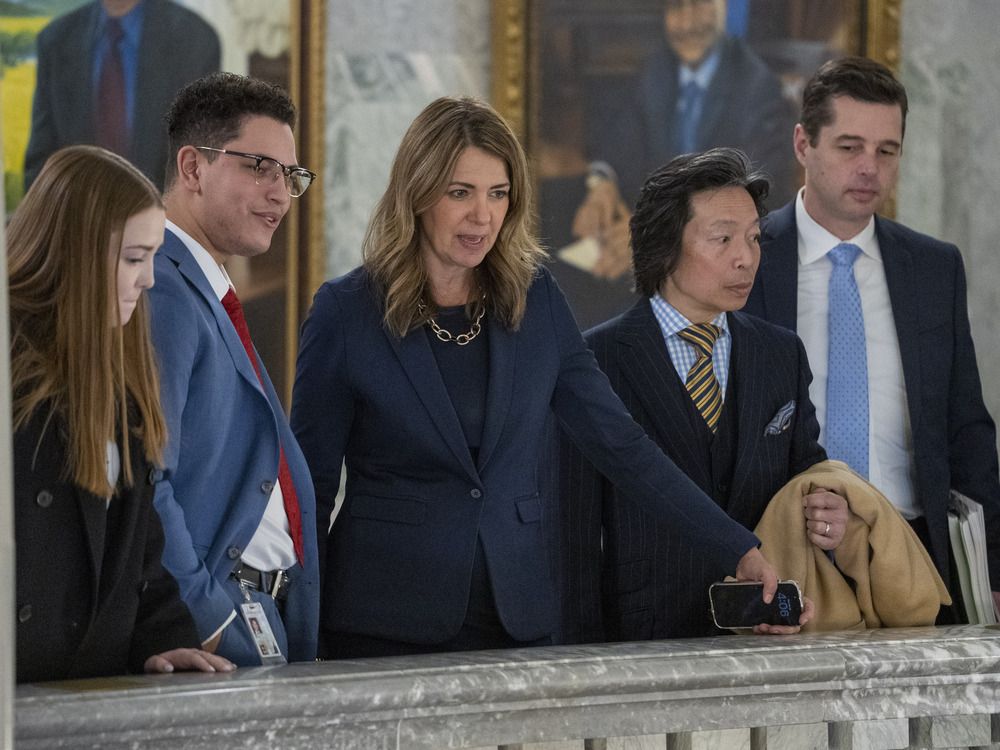 Alberta Premier Danielle Smith after her government delivered its second straight multi-billion dollar deficit budget on Feb. 26 in Edmonton, Alta.