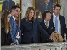 Alberta Premier Danielle Smith after her government delivered its second straight multi-billion dollar deficit budget on Feb. 26 in Edmonton, Alta.