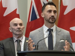 Ontario Minister of Energy and Mines, Stephen Lecce speaks at the PDAC conference at Toronto’s Metro Toronto Convention Centre as MPP Algoma-Manitoulin, Bill Rosenberg looks on March 3, 2026.