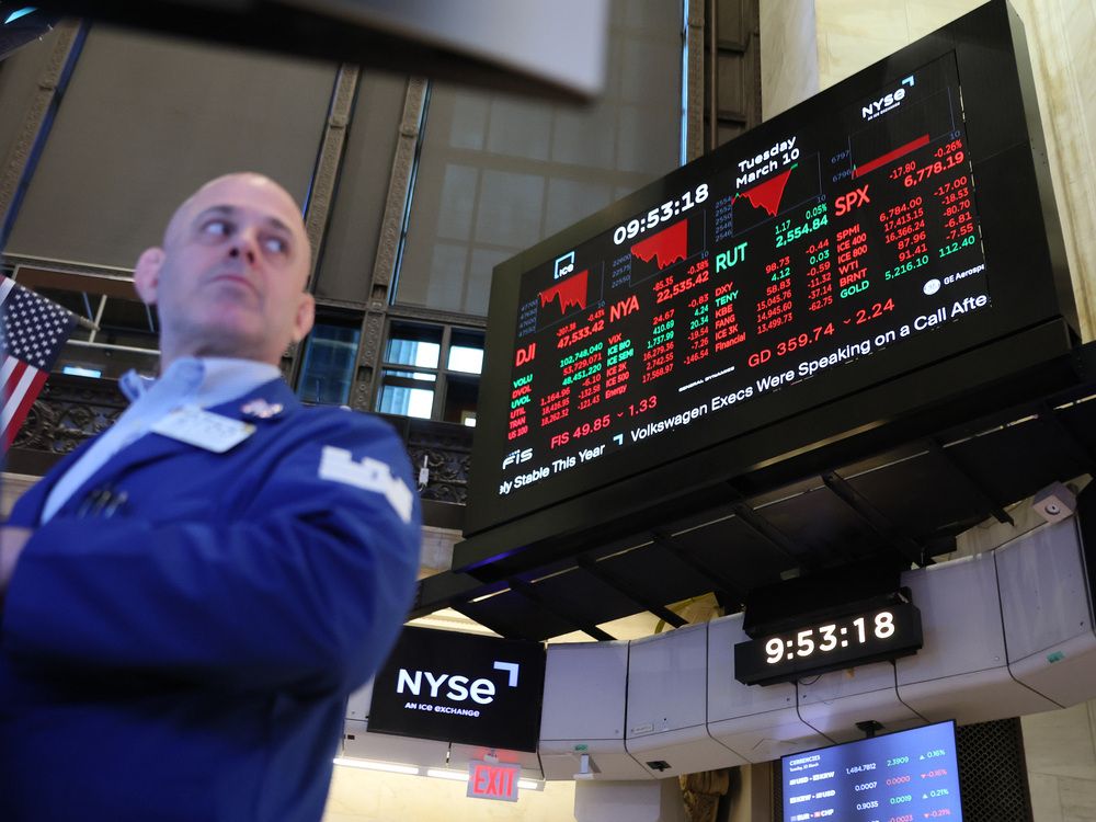 Stock market numbers are displayed as traders work on the floor of the New York Stock Exchange during morning trading on March 10, 2026 in New York City.