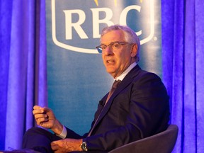 Dave McKay, President and CEO of RBC, takes part in a fireside chat with with Deborah Yedlin, Calgary Chamber of Commerce President and CEO, on Wednesday, October 8, 2025.