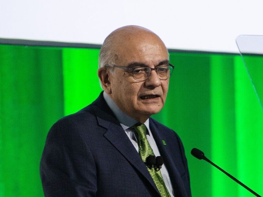 Bharat Masrani, former president and chief executive officer of Toronto-Dominion Bank, speaks during the Toronto-Dominion Bank annual general meeting in Toronto, Ontario, Canada, on Thursday, April 18, 2024.