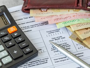 Income tax return in Canada. Financial concept. Tax form, Canadian dollars and tax calculation on calculator.